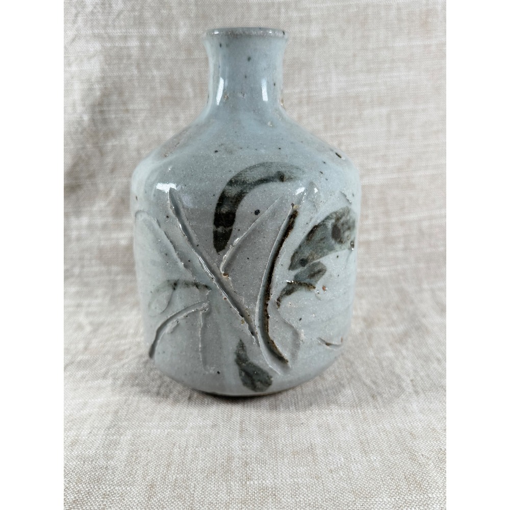 Vintage Studio Pottery Vase Hand Painted Leaf Design Blue Gray Ceramic Bud Vase